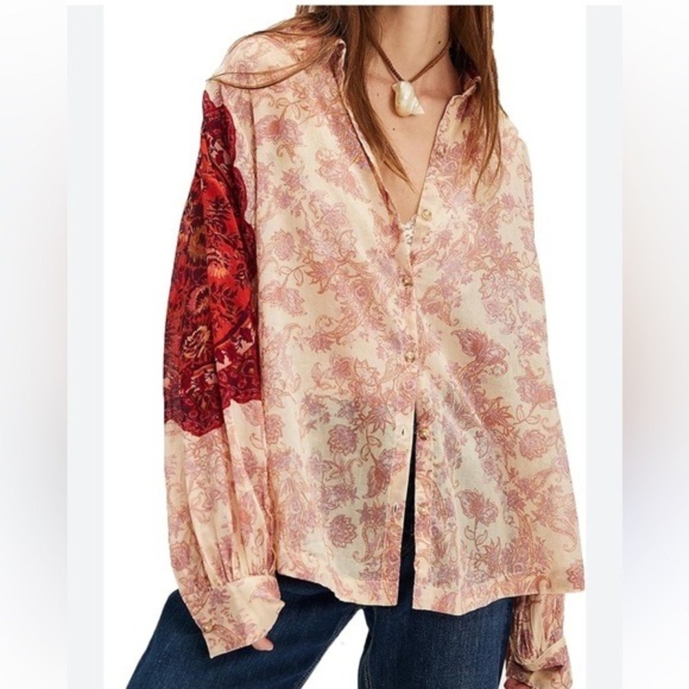 Free People Womens Rose Bud Blouse Cotton Button Down Shirt Cream Red M